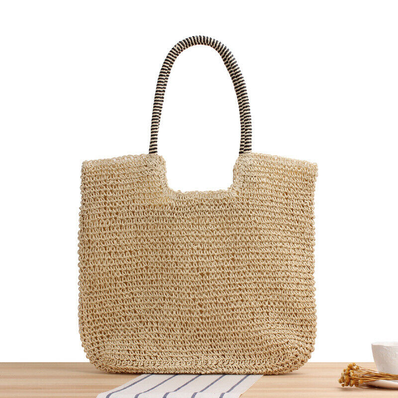 New Womens Simple Solid Tote Bag One-shoulder Straw Bag Summer Beach Bag