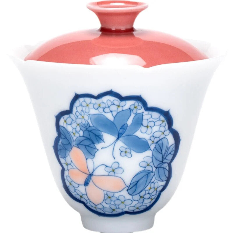 Tea Set Hand Painted Butterfly Porcelain Cover Bowl Single Ceramic Kungfu