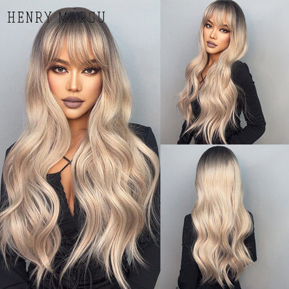 Long Wavy Wigs with Bangs Cosplay Party Synthetic Hair Wigs for Black Women