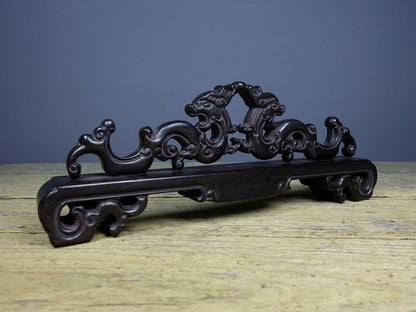 Chinese Natural Rosewood Hand-carved Double Dragons Pen Rack Statue