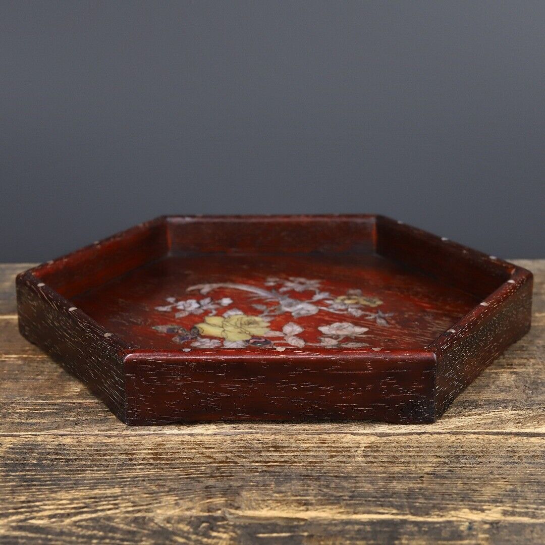 Precious solid wood, sandalwood wood carving, inlaid shell, cow hair, hexagonal