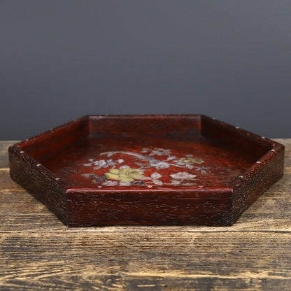 Precious solid wood, sandalwood wood carving, inlaid shell, cow hair, hexagonal