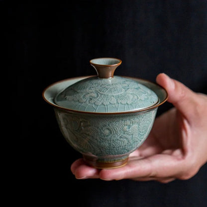 Glazed Relief Peony Gaiwan Tea Tureen Tea Cover Bowl Chinese Tea Set Craft