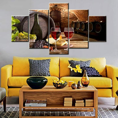 Red Wine Cellar Barrel Fruit Grape 5 Piece canvas Wall Art Print Home Decor