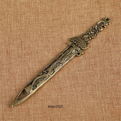 Antique Bronze Dragon Sword Mini Doll Desktop Ornament Home Decoration