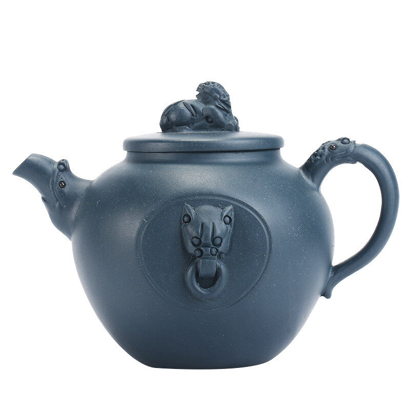 5.3"collect Chinese Yixing Zisha Pottery Celeste Clay 300ML Lion Head Teapot