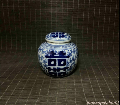 3in Chinese Porcelain Blue White Double Happiness Receiving Tank Cover Can Old