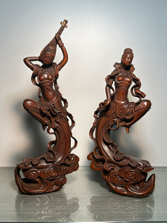 Vintage Chinese Boxwood Carving A Pair Pretty Woman Statue Wood Sculpture Decor