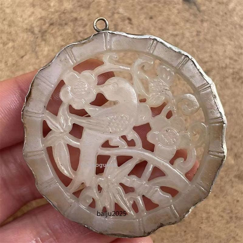 Chinese antique high-end jade carving with copper border necklace pendant