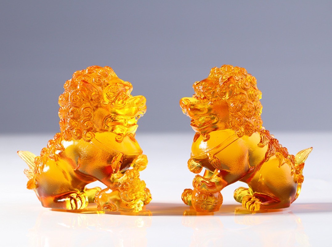 Pair Golden Liu Li Crystal Lion Statue Guardian Foo Fu Dog Artwork Home Decor