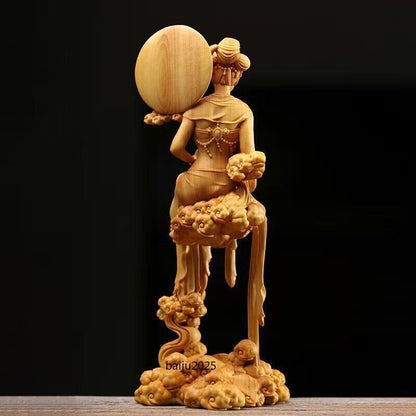 7" Chinese Boxwood Huang-yang Wood Carving Goddess Chang's Fly Moon Statue Decor