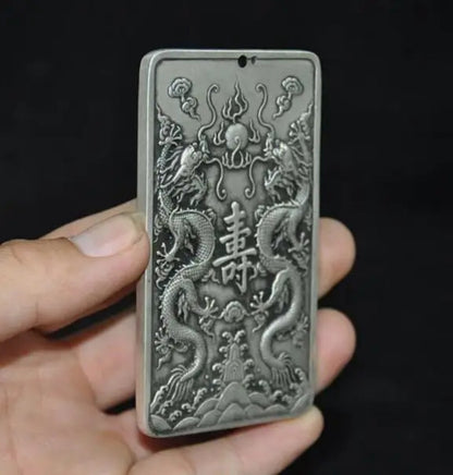 China Tibetan Silver Feng Shui Lucky Animal Dragon Statue Amulet Pendant