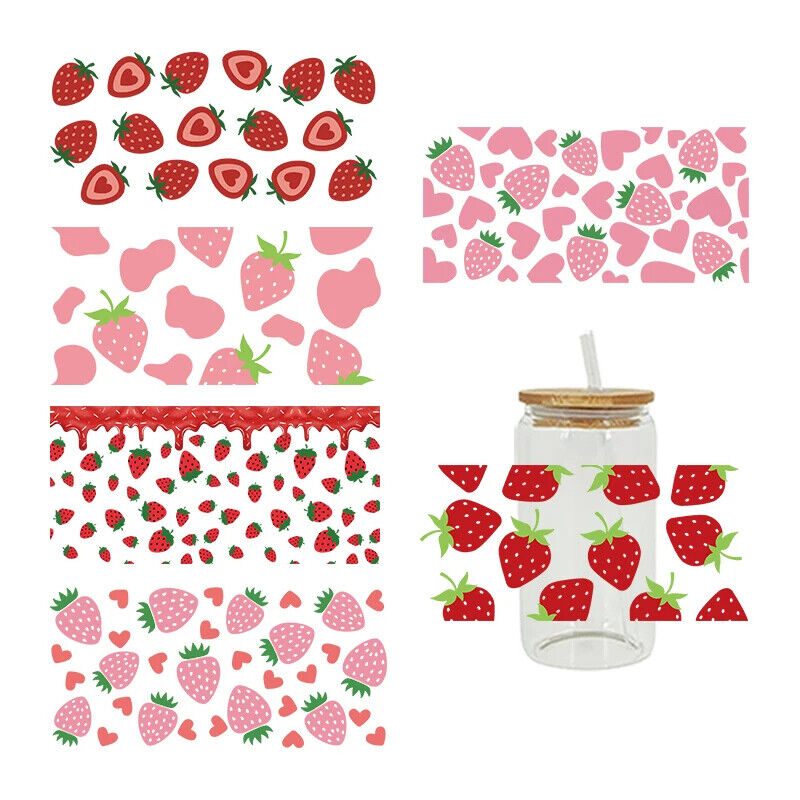 Transfers Stickers 16oz Cup Wraps 3D UV DTF Strawberry Printed DIY Decal 23x11cm