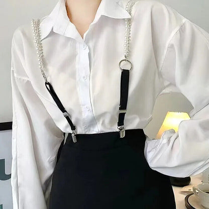 Women Suspenders Pearl Chain Belts Rhinestones Straps Shirt Clothing Decorations