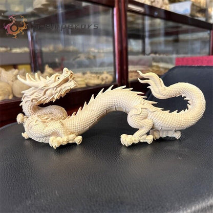 Natural Boxwood Carved Dragon Statue Beast Feng Shui Home Office Decor