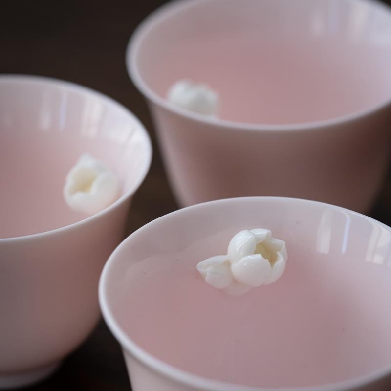 Pink Sheep Fat Jade Porcelain Handmade Flower Bell Tea Cup 65ml
