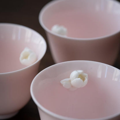 Pink Sheep Fat Jade Porcelain Handmade Flower Bell Tea Cup 65ml