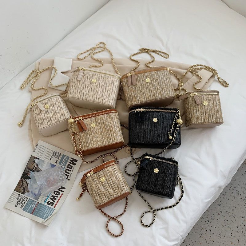 Mini Straw Bucket Crossbody Bag Handbag Purse Fashion Chain Simple Shoulder Bags