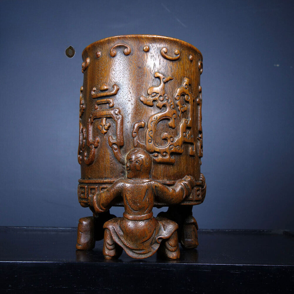 Antique Chinese Rosewood Carved Exquisite Buddha Statue Dragon Statue Brush Pot