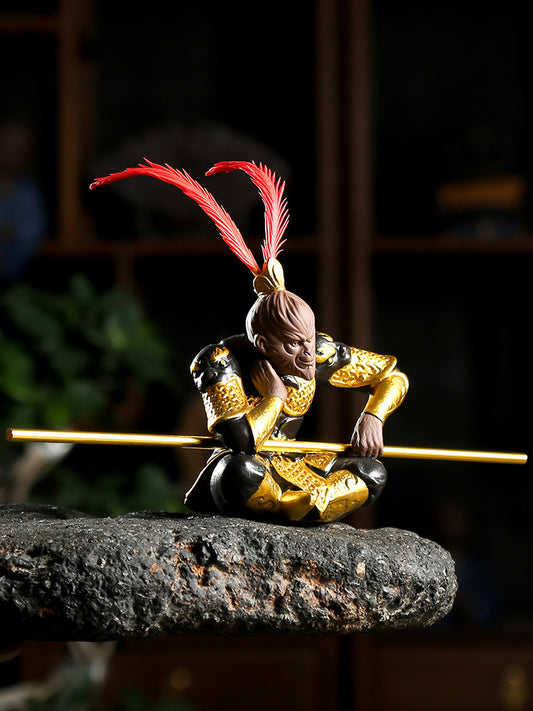 4.53" Monkey King Yixing Zisha Tea Pet Statue Creative Home Table Decorat Gift
