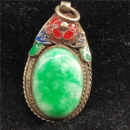 Enamel Alloy Inlaid Jade Stone Pendant Retro Flower Jewelry Decor