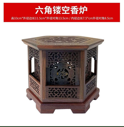 Red Rosewood Hexagonal Hollow Incense Box Double Layer Incense Holder Home Decor