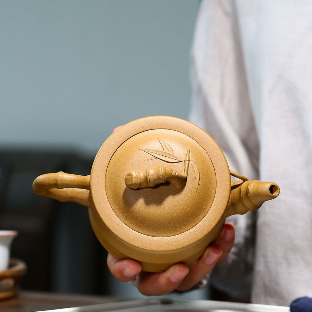 Handmade Real Yixing Zisha Duan Clay Marked Tea Pot Bamboo Relief Design Teapots