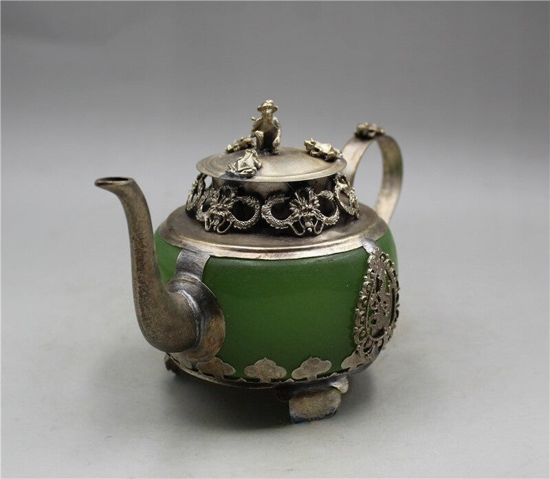 China Old Tibetan Silver Inlay Jade Hand Carved Dragon Teapots Collection