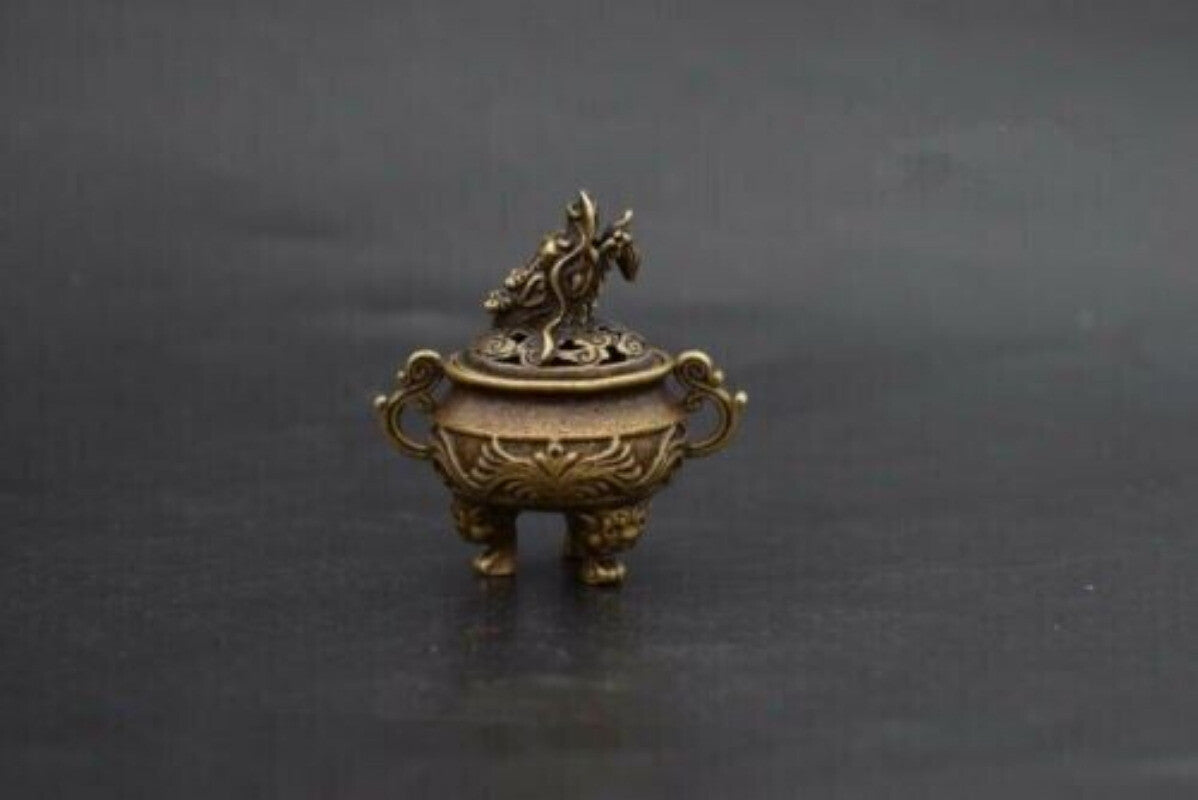 6 CM Pure Bronze Copper Foo Dog Lion Dragon Head Incense Censer Home Decoration