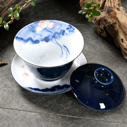 Porcelain Gaiwan Blue Glaze Tureen Jingdezhen Handpainted Covered Bowl Tea Cup
