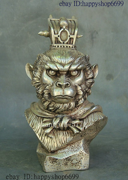 9" Chinese Silver Famous Xiyouji Monkey King Sun Wukong Wu Kong Head Bust Statue