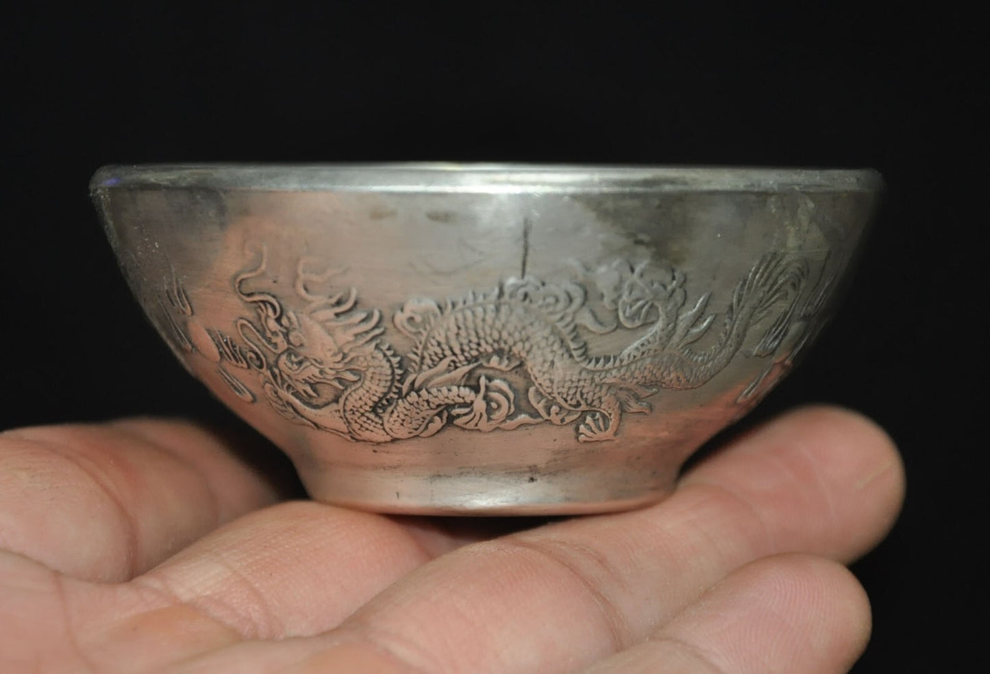 China Tibetan Silver Animal Loong Dragon Statue Tableware Tea Cup Bowl Bowls