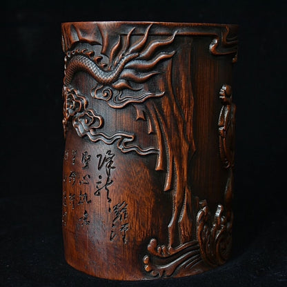 Chinese Wood Brush Pot Old Bamboo Carved Arhat Taming Dragon Pen Holder Collect