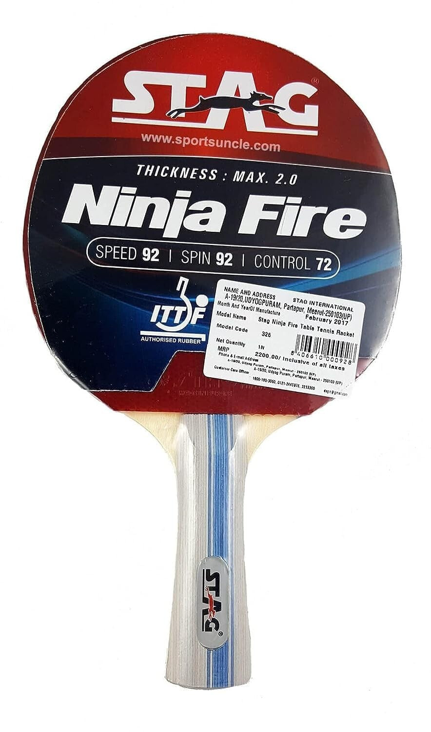 Advanced ITTF Approved Rubber Ninja Fire Wood Table Tennis Racquet Multicolour