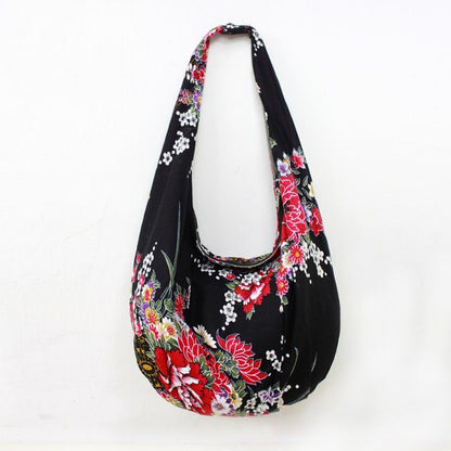 Flowers Hobos Bags Shoulder Purse Handbags Ethnic Floral Cotton Canvas Bag 1 PC