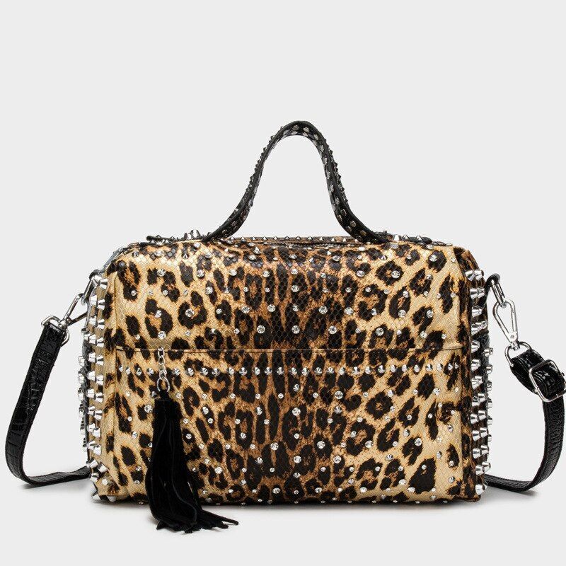 Handbag Black Synthetic Leather Crossbody Rhinestone Shoulder Purse 28*22*11 CM