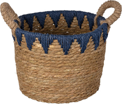Woven Wicker Basket for Storing Essentials Rustic Decorative with Blue Deails