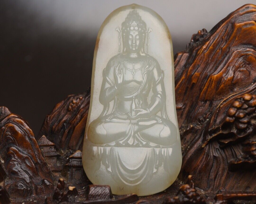 Chinese Natural Hetian Jade Carving Kwan Yin Statue Lucky Pendant Gift Amulets
