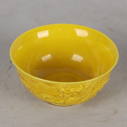 Old Chinese Porcelain Color Painted Relief Dragon & Phoenix Pattern Bowl