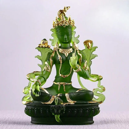 12.8cm Glass Green Tara Buddha Statue Chinese Zen Temple Feng Shui Ornament