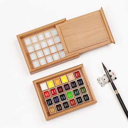 Watercolor Paint Box 24-36Cells Wooden Empty Push-Pull Flip Painting Palette Kit