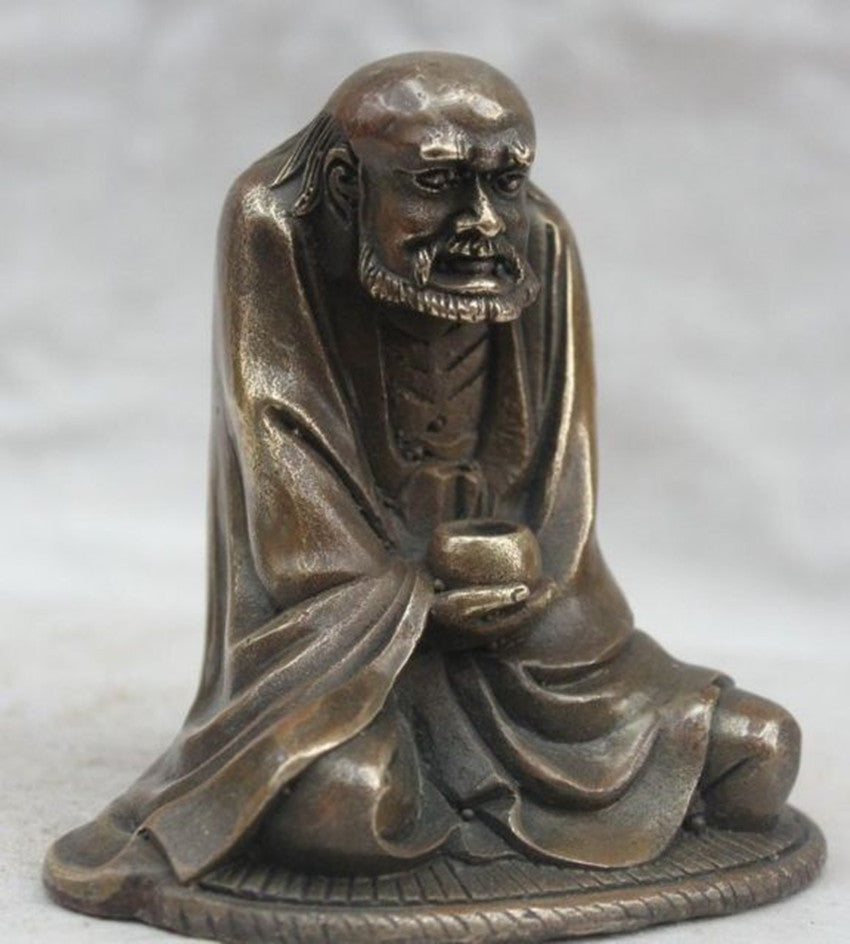Chinese Buddhist Bronze Arhat Dharma Bodhi Dharma Buddha Bowl Statue -