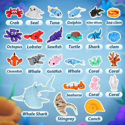 3D Printed Sea Animal Toys - 24Pcs Ocean Animals Figurines Toys for Kids - Flexi