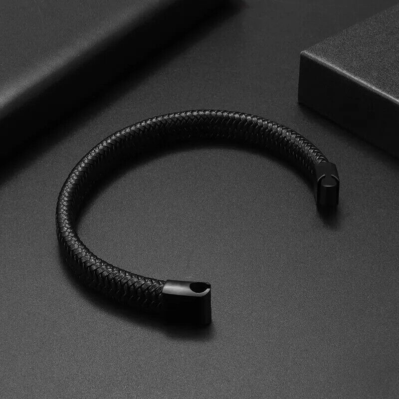 Black Braided Leather Bracelet Stainless Steel Punk Dark Bangle For Men and Wom