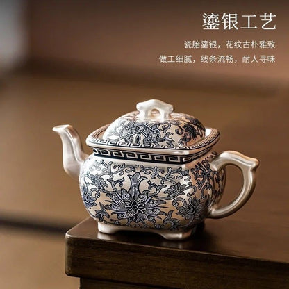 Chinese Ceramic Silver Finish Teapot 150ml Enamel Floral Square Gongfu Tea Pot