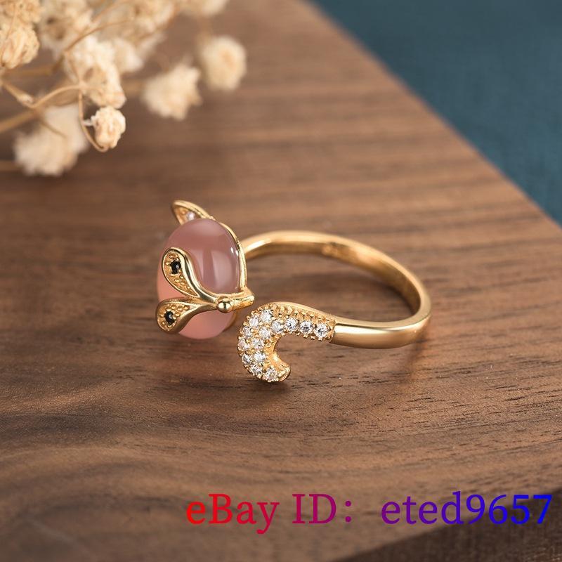 Pink Jade Fox Ring Natural Adjustable Ring Fashion Ladies Jewelry 925 Silver -