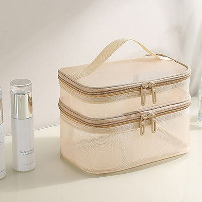 Clear Mesh Double Layer Portable Large Case Cosmetic Storage Bag Pouch Case