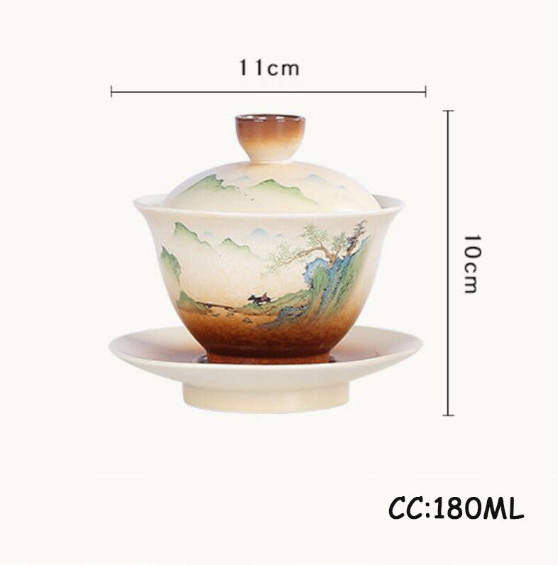 180ml Retro Landscape Gaiwan Coarse Ceramic Cup with Lid Cover Saucer Kit Tea