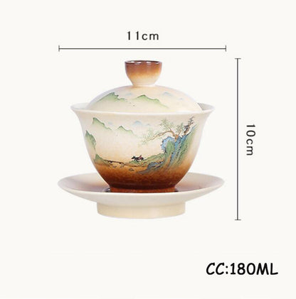 180ml Retro Landscape Gaiwan Coarse Ceramic Cup with Lid Cover Saucer Kit Tea