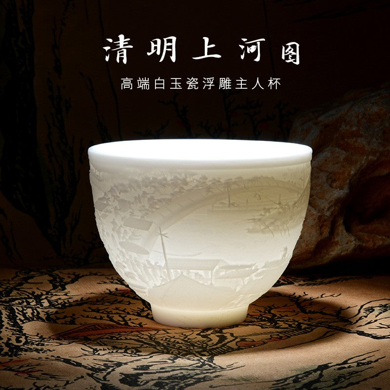 Chinese Sheepskin Jade Qingming Shanghe Tu Pattern White Jade Porcelain Tea Cup